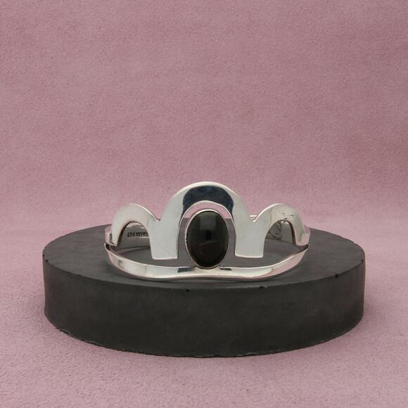 taxco mexico sterling silver vintage scalloped onyx cuff bracelet size 6in